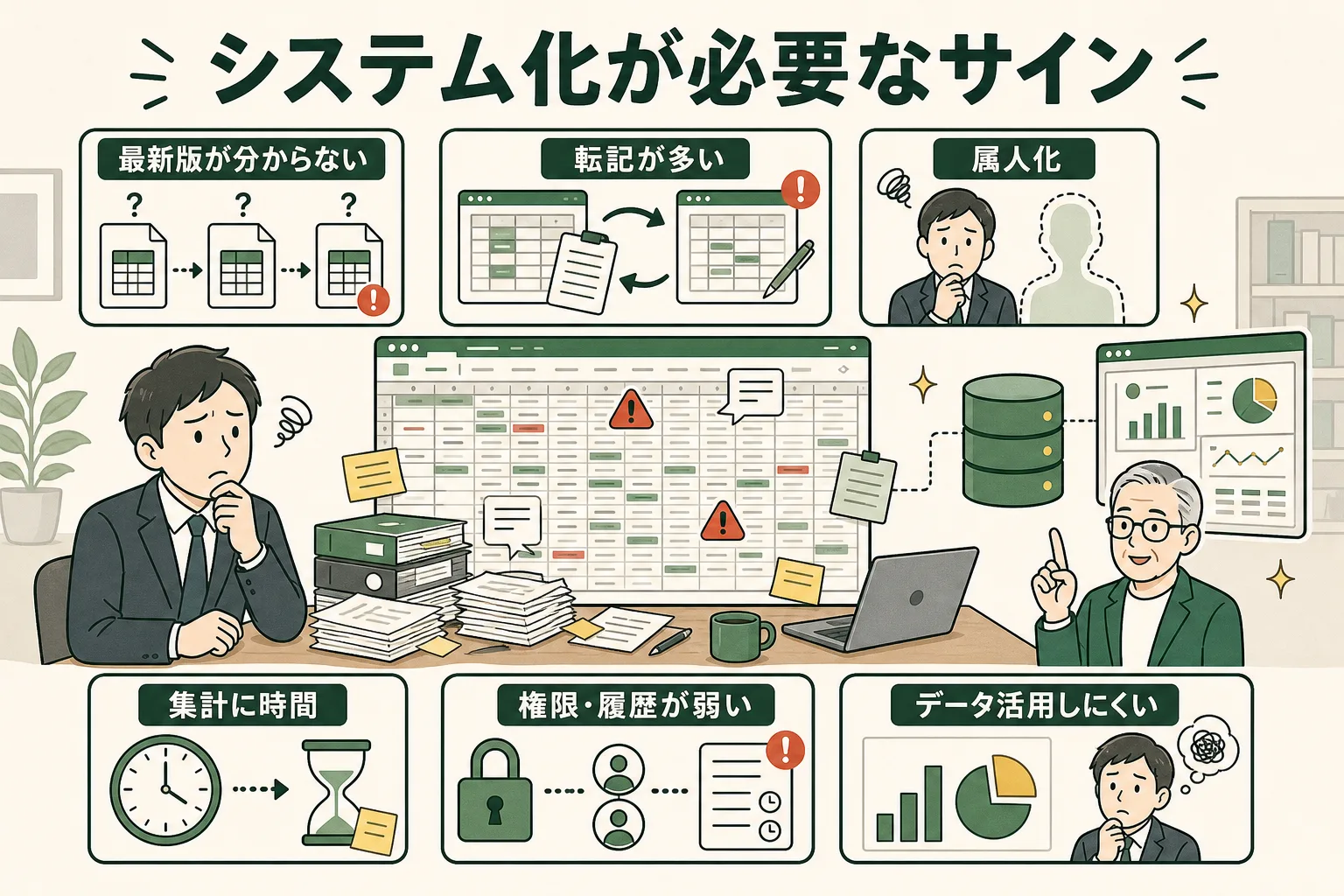複数のExcelファイルから転記と確認作業が発生し、中央のデータ基盤とダッシュボードへ整理されるイメージ