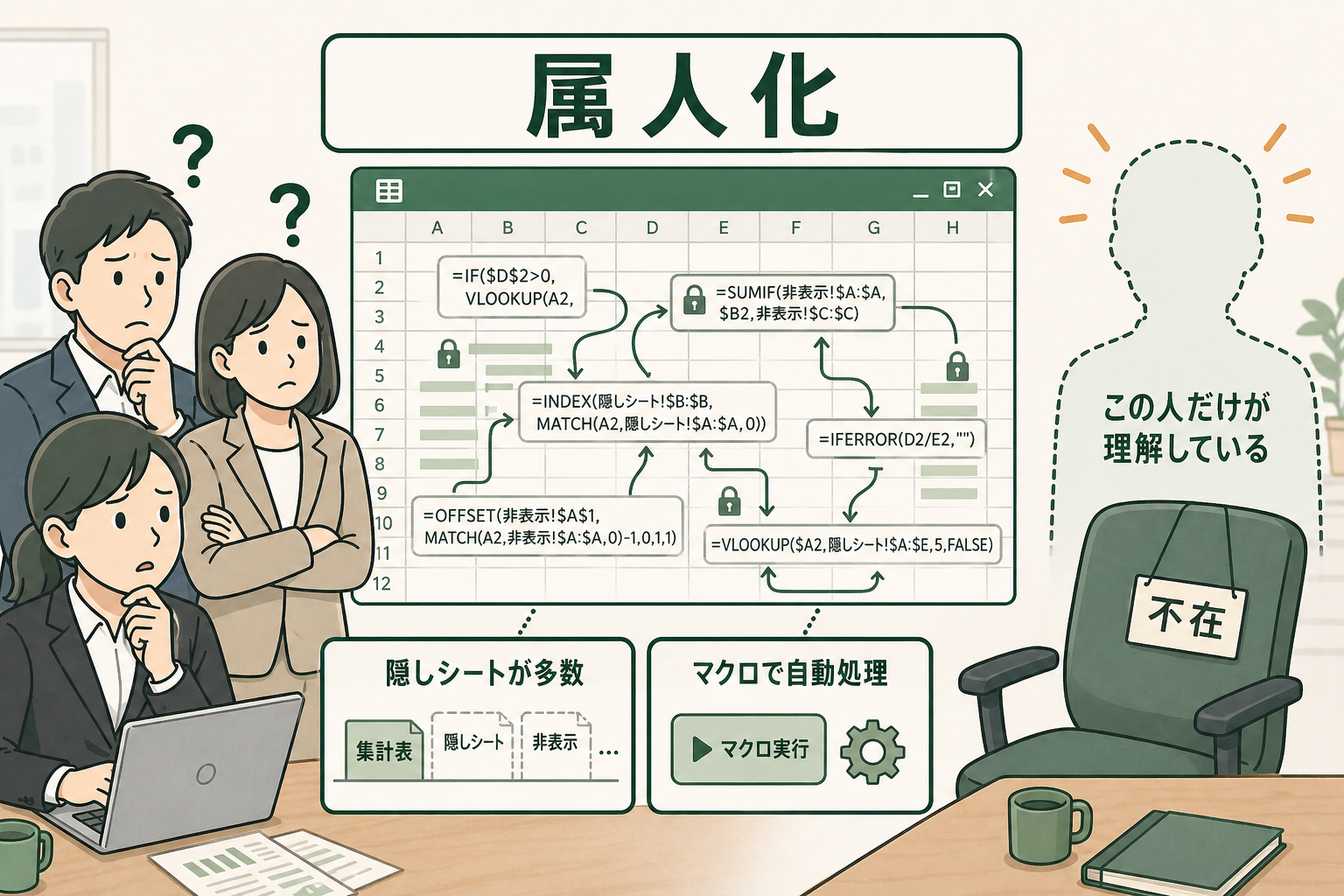 複雑なExcelを特定の担当者しか直せず周囲が困る様子