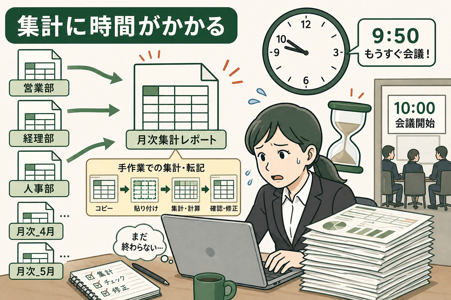 会議前に複数のExcelを集めて集計に追われる様子