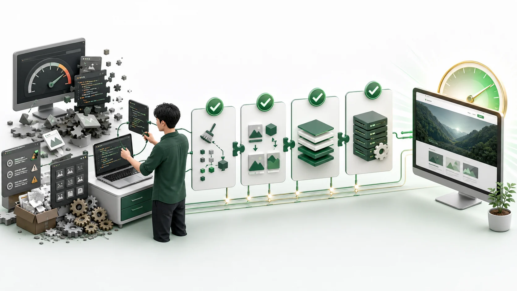 画像最適化、コード整理、キャッシュ、サーバー設定を実装して高速化するイメージ